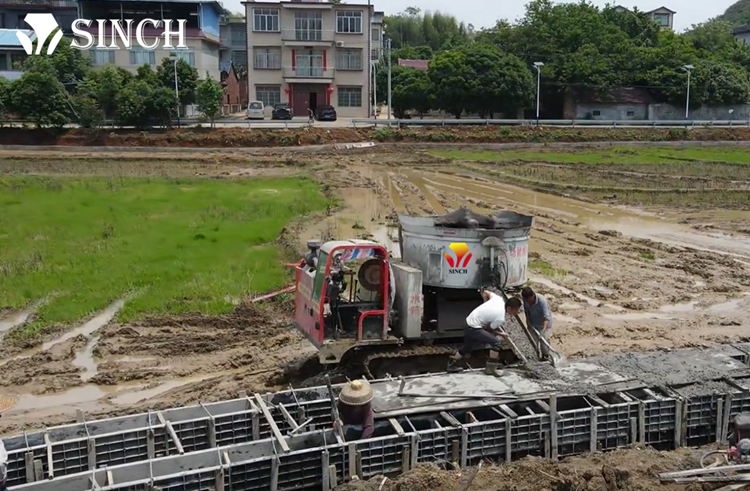 Crawler type concrete pan mixer in irrigation ditch construction
